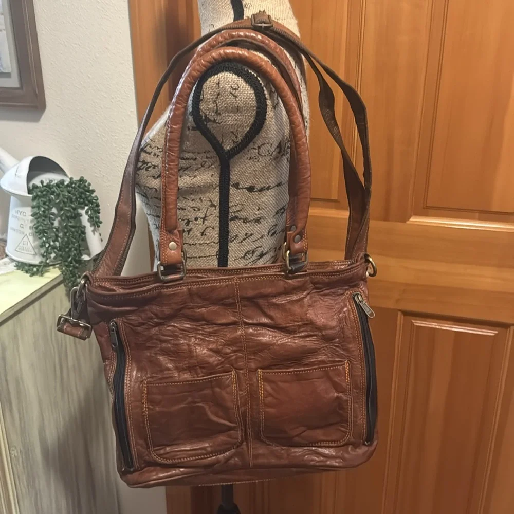 Goats Leather Tote Handbag Brown Shoulder Bag with cross body strap